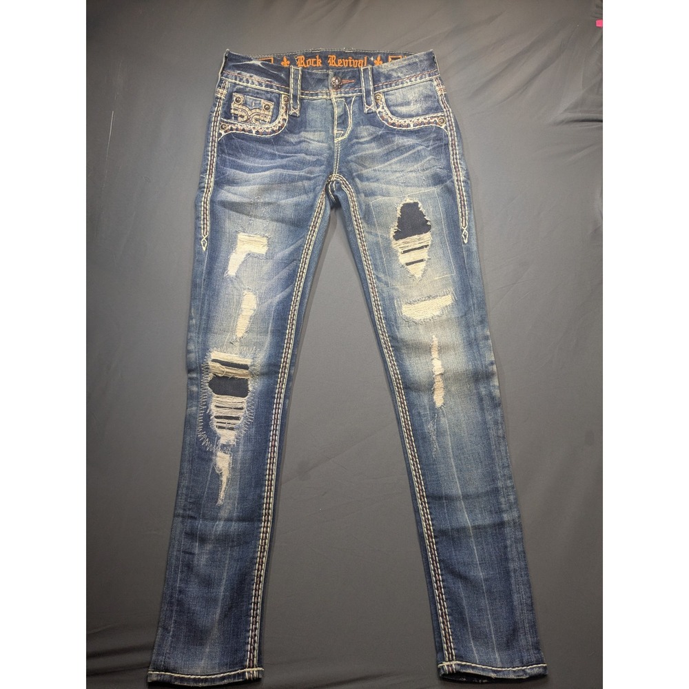 Rock Revival Sun Skinny Distressed Denim Jeans Blue Size 25 Fleur De Lis Stitch